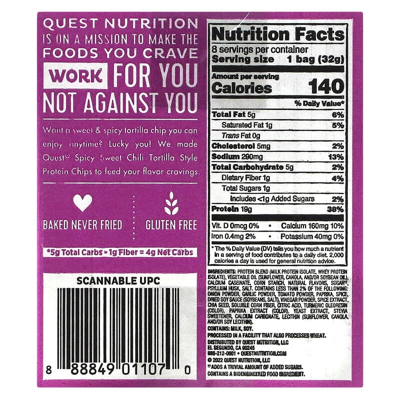 Quest Nutrition, Tortilla Style Protein Chips, Spicy Sweet Chili, 8 Bags, 1.1 oz (32 g) Each Bag