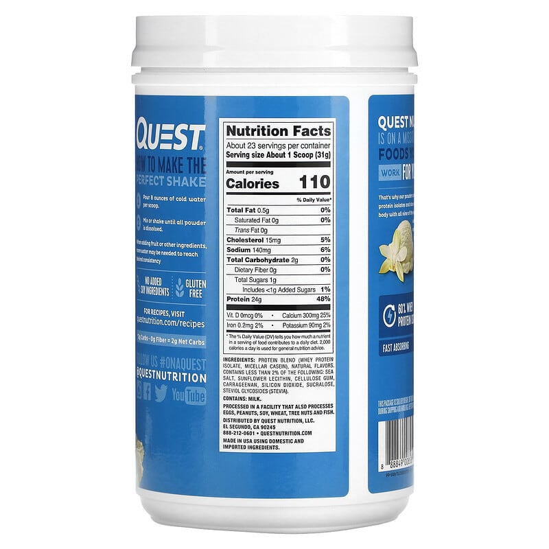 Quest Nutrition, Protein Powder, Vanilla Milkshake, 1.6 lb (726 g)