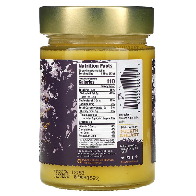 4th & Heart, Ghee Clarified Butter, Grass-Fed, Garlic, 9 oz (255 g)