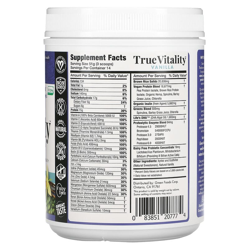 Green Foods Corporation, True Vitality, Plant Protein Shake with DHA, Vanilla, 25.2 oz (714 g)