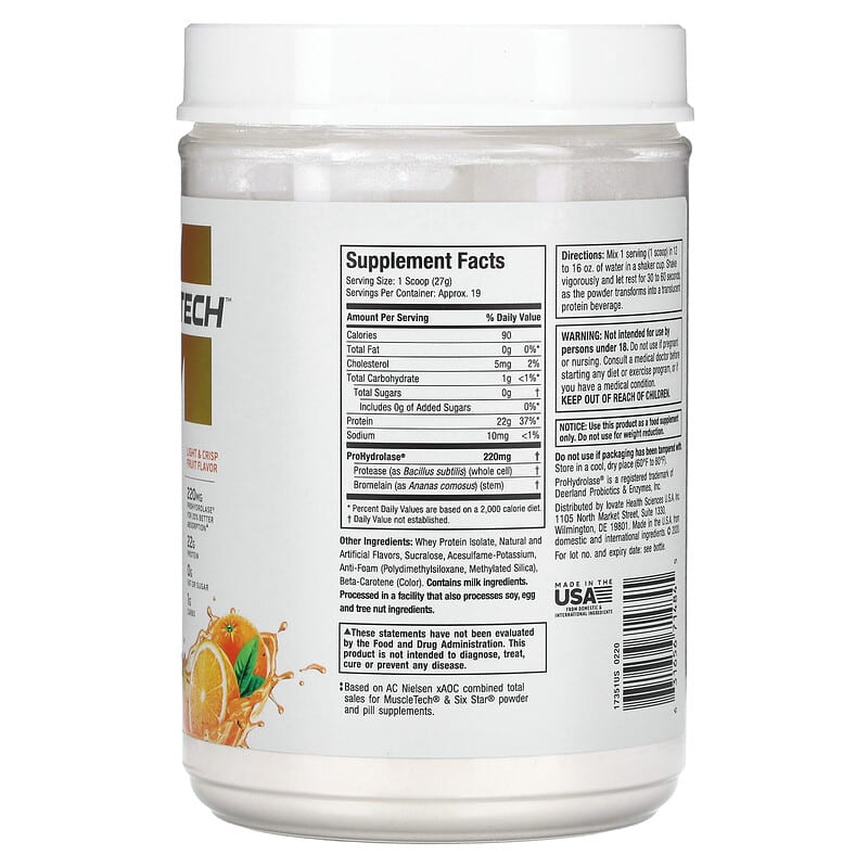 MuscleTech, ISO Whey Clear, Ultra-Pure Protein Isolate, Orange Dreamsicle, 1.1 lbs (505 g)