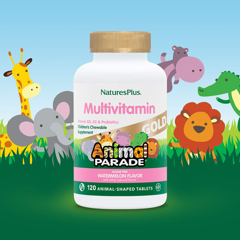 NaturesPlus, Animal Parade Gold, Children's Chewable Multivitamin Supplement, Watermelon, 120 Animal-Shaped Tablets