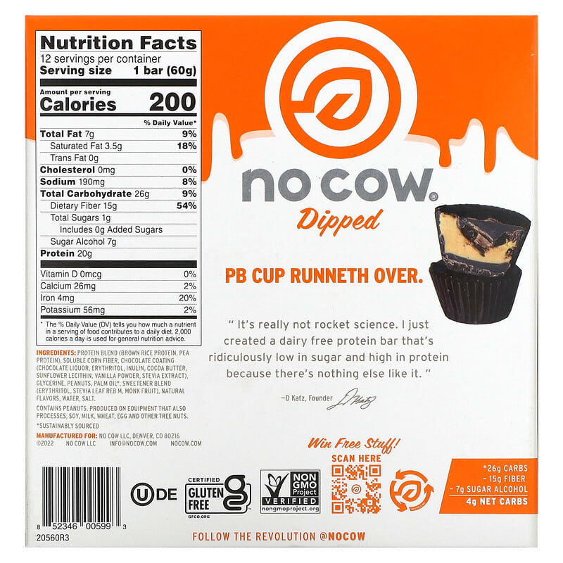 No Cow, Protein Bar, Chocolate Peanut Butter Cup, 12 Bars, 2.12 oz (60 g) Each