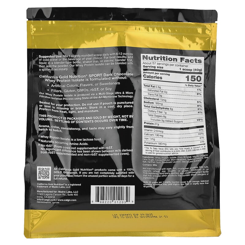 California Gold Nutrition, SPORT - Dark Chocolate Whey Protein Isolate, 5 lbs (2.27 kg)