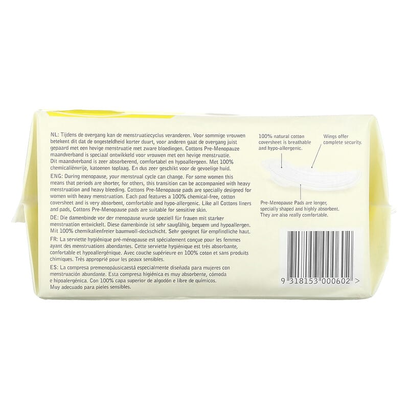 Cottons, 100% Natural Cotton Coversheet, Pre-Menopause Pads with Wings, 8 Pads