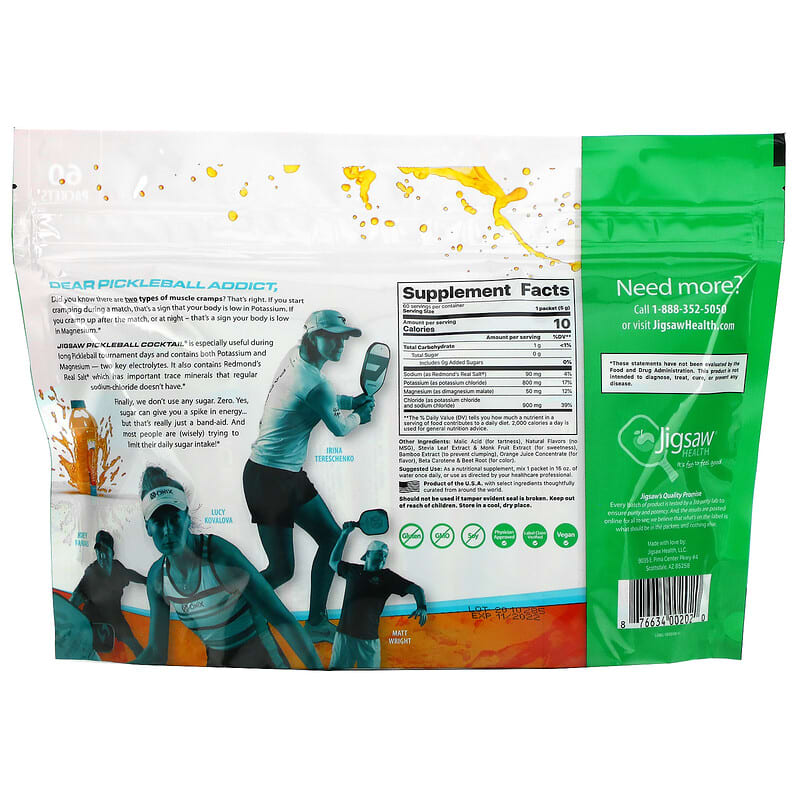 Jigsaw Health, Pickleball Cocktail, Orange Electrolyte Drink, 60 Packets, 10.58 oz (300 g)