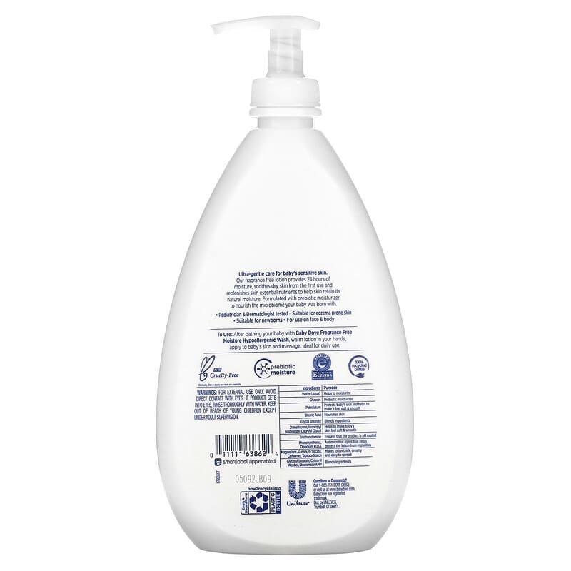 Dove, Baby, Sensitive Skin Care, Hypoallergenic Lotion, Fragrance Free, 20 fl oz (591 ml)