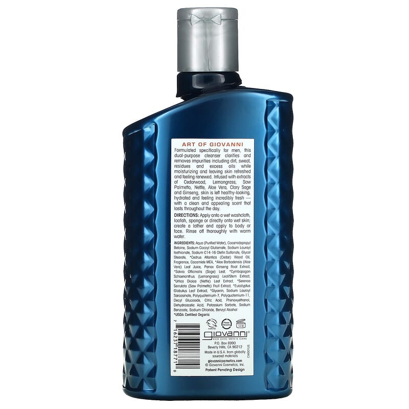 Giovanni, Art Of Giovanni, Men 2-In-1 Daily Body Wash & Facial Cleanser with Ginseng and Eucalyptus, 16.9 fl oz (499 ml)