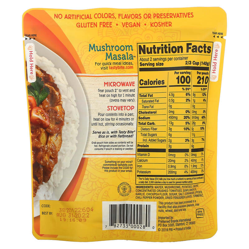 Tasty Bite, Indian Mushroom Masala, Medium, 10 oz (285 g)