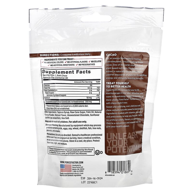 Force Factor, Fundamentals, Cacao, Chocolate, 30 Soft Chews