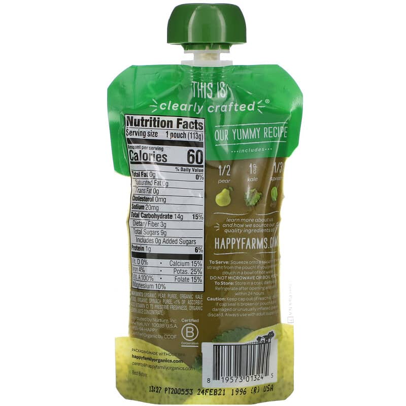 Happy Family Organics, Happy Baby, Organic Baby Food, 6+ Months, Pears, Kale & Spinach, 4 oz (113 g)