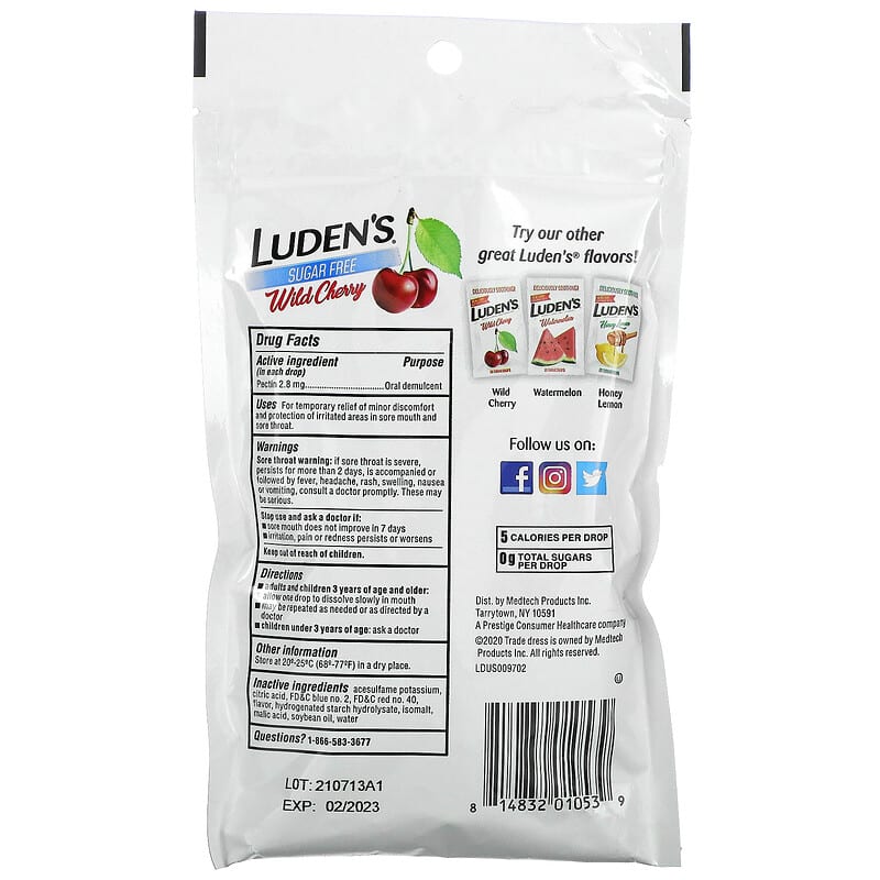 Luden's, Pectin Lozenge/Oral Demulcent, Sugar-Free, Wild Cherry, 25 Throat Drops