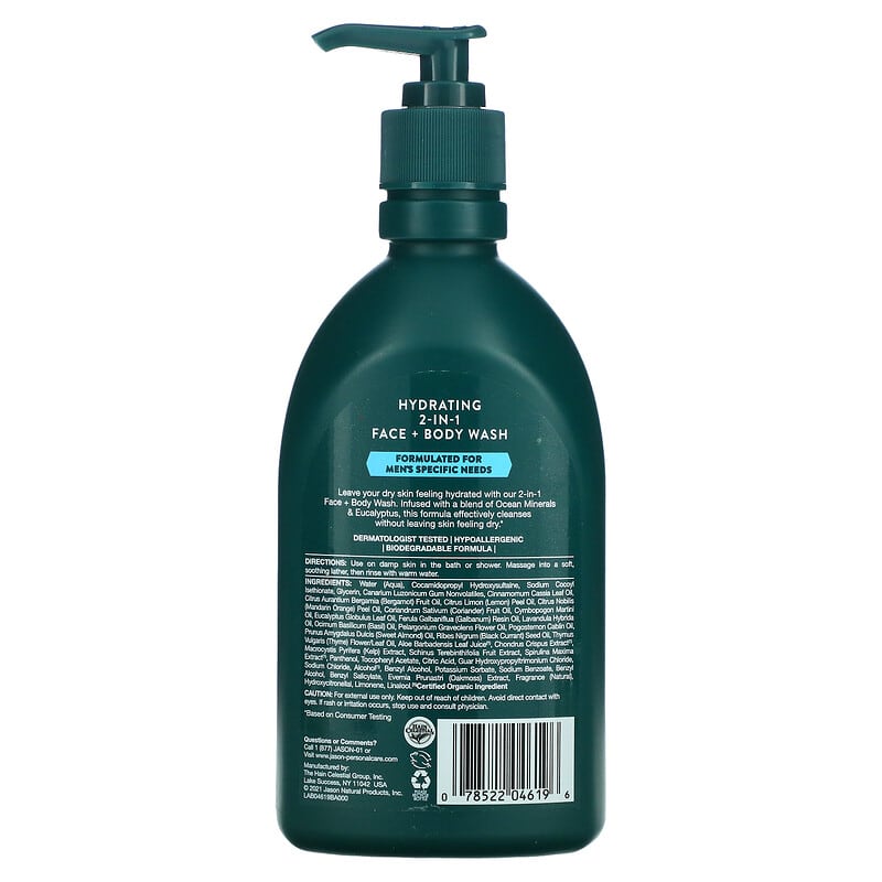 Jason Natural, Men's, Face + Body Wash, Ocean Minerals + Eucalyptus, 16 fl oz (473 ml)