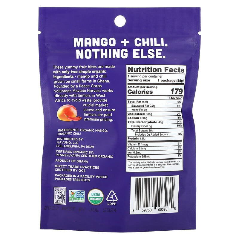 Mavuno Harvest, Organic Chewy Fruit Bites, Mango + Chili, 1.94 oz (55 g)