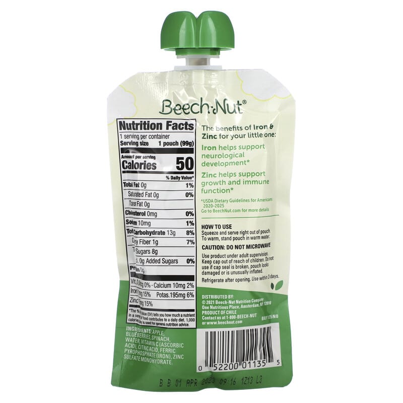 Beech-Nut, Fruit & Veggie Blend, Iron & Zinc, 12+ Months, Apple, Blueberries & Spinach, 3.5 oz (99 g)