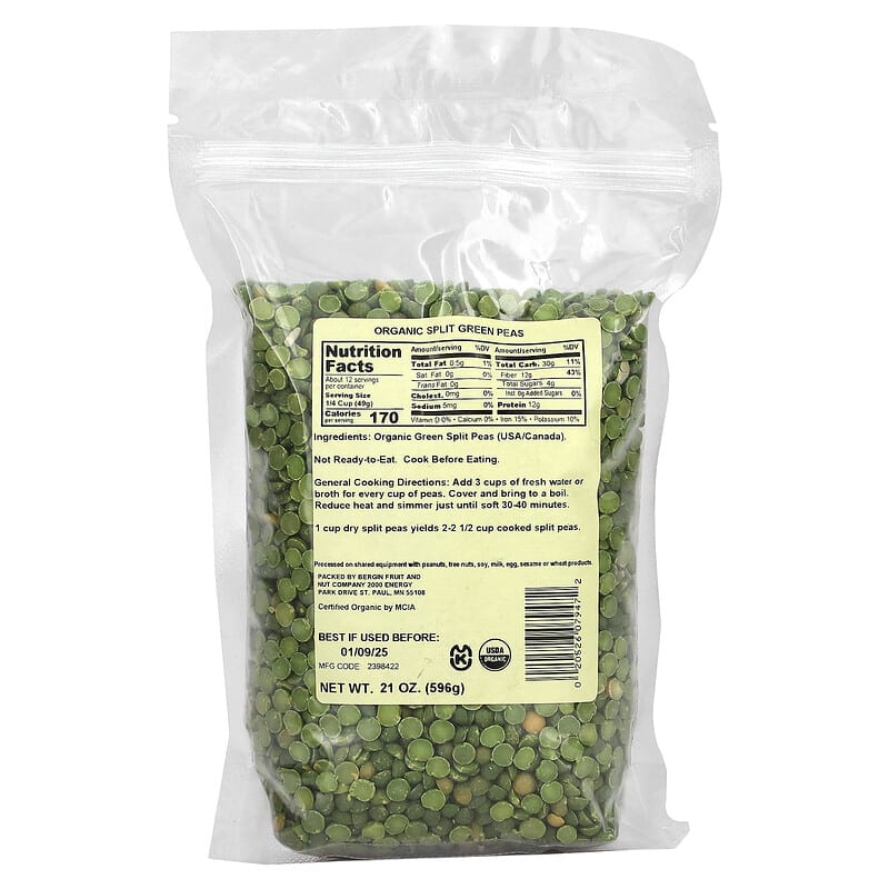 Bergin Fruit and Nut Company, Organic Split Green Peas, 21 oz (596 g)