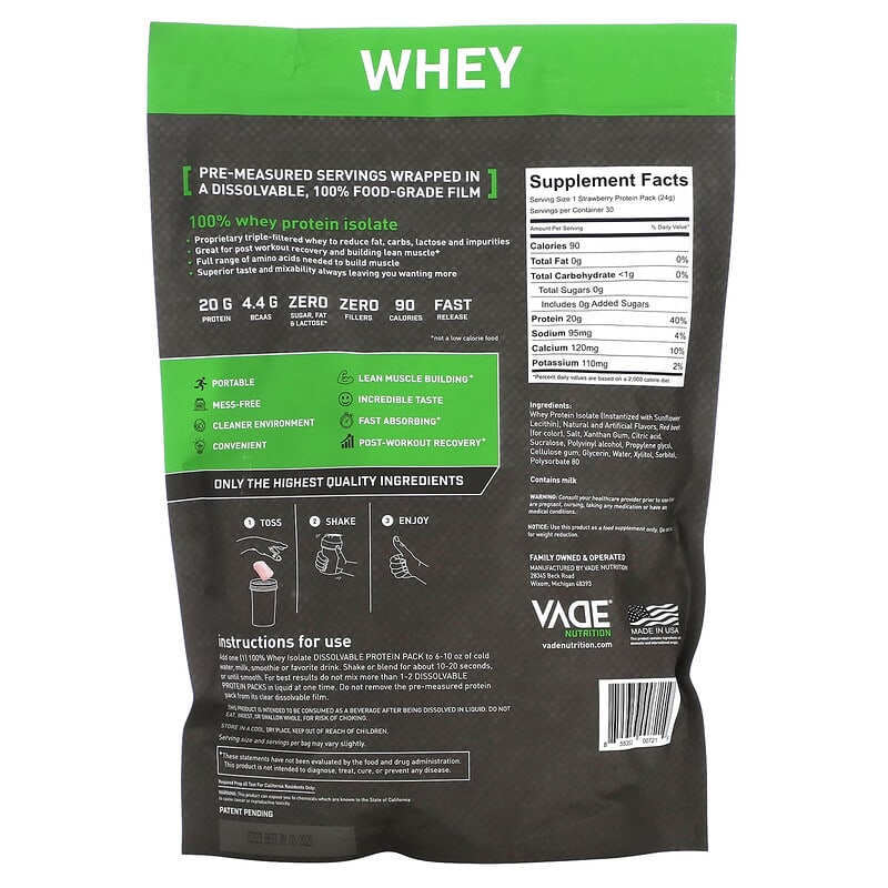 Vade Nutrition, Dissolvable Protein Packs, 100% Isolate, Strawberry Milkshake, 1.6 lb (720 g)