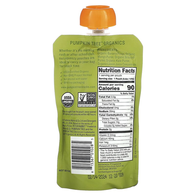 Pumpkin Tree Organics, Peter Rabbit Organics, Organic Fruit & Vegetable Puree, Banana, Mango, Broccoli & Kale, 4.4 oz (125 g)