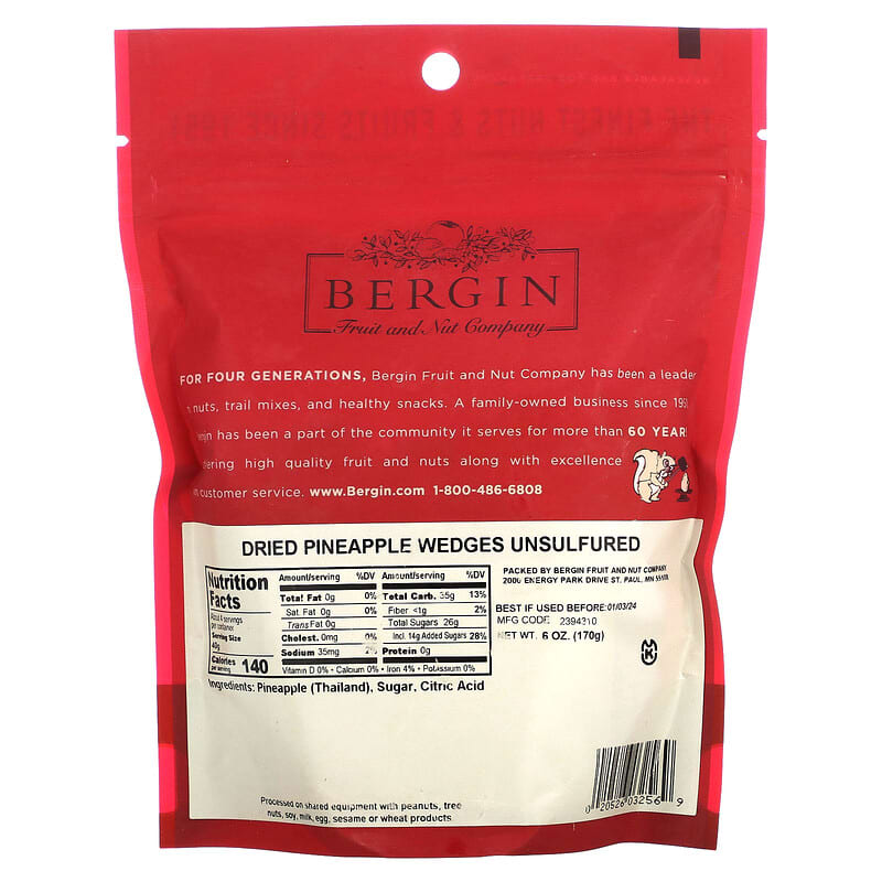 Bergin Fruit and Nut Company, Dried Pineapple Wedges, Unsulfured, 6 oz (170 g)