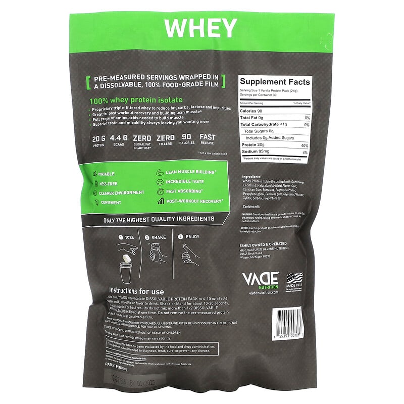 Vade Nutrition, Dissolvable Protein Packs, 100% Whey Isolate, Vanilla Milkshake, 1.6 lb (720 g)