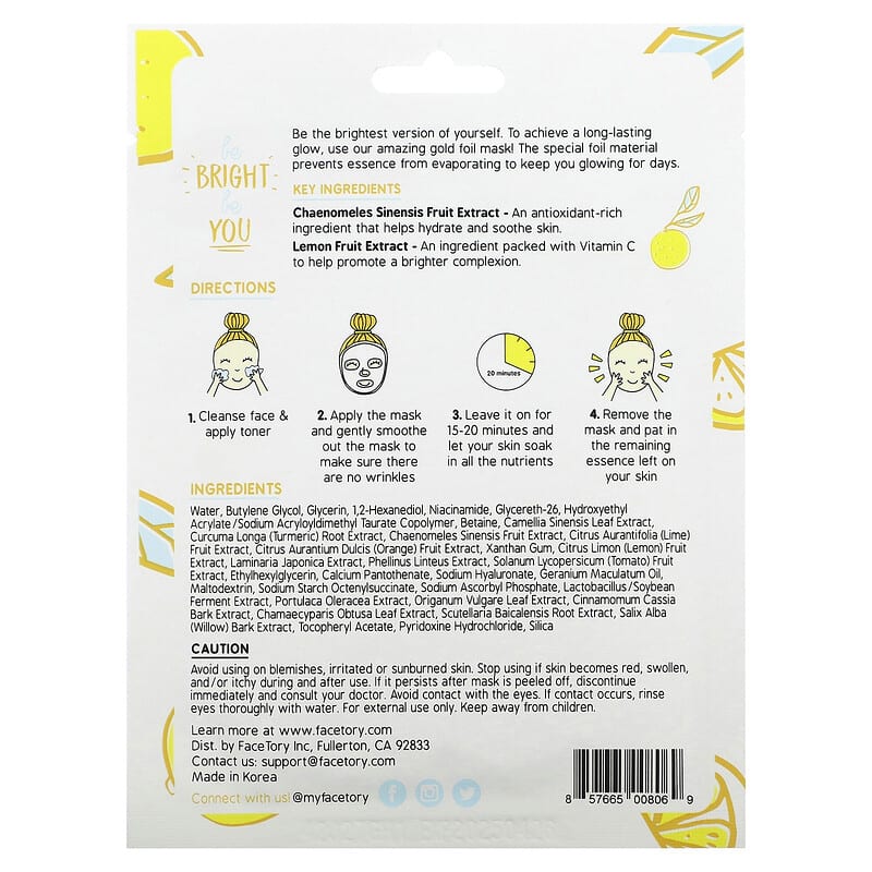 FaceTory, Be Bright Be You, Brightening Gold Foil Beauty Mask, 1 Sheet, 0.88 fl oz (26 g)