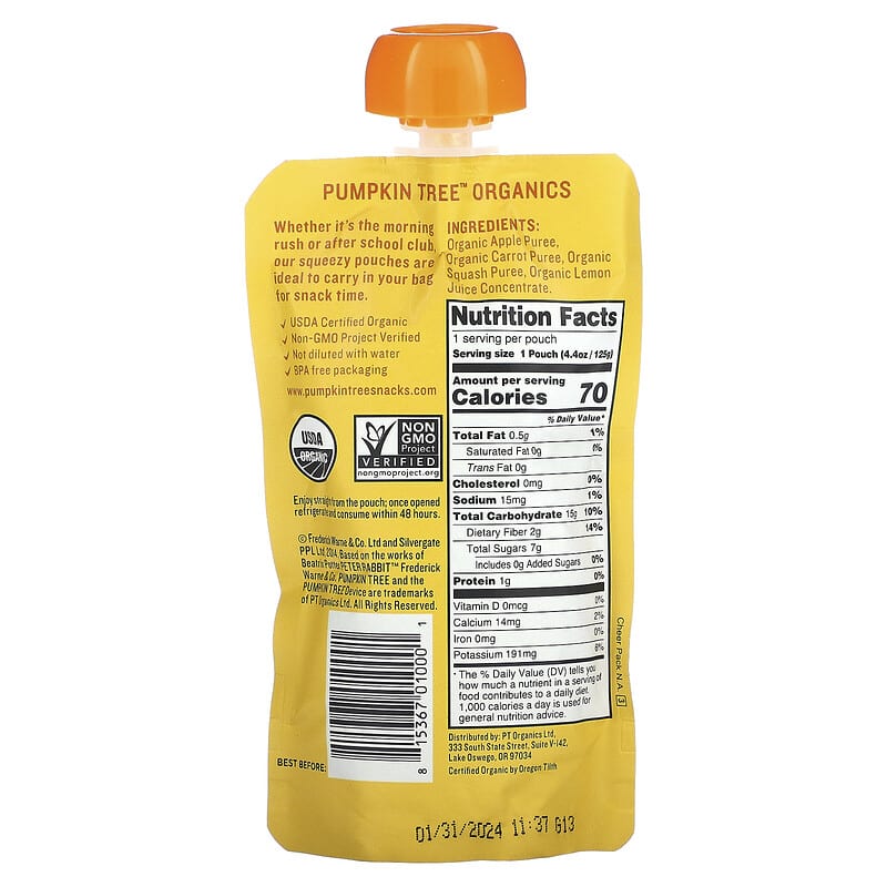 Pumpkin Tree Organics, Peter Rabbit Organics, Organic Fruit & Vegetable Puree, Apple, Carrot & Squash, 4.4 oz (125 g)