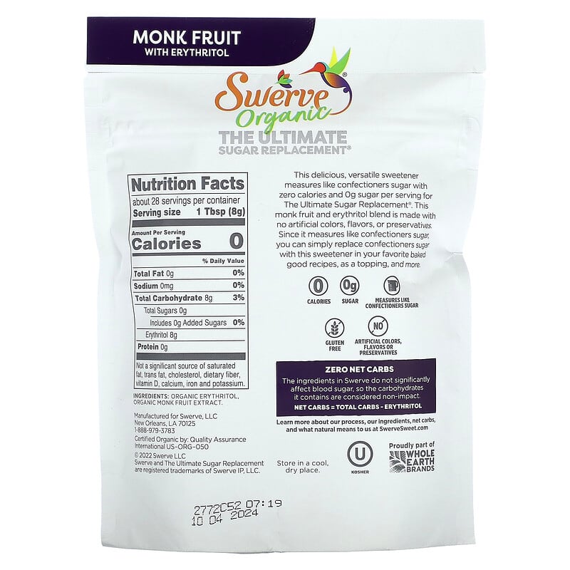 Swerve, Organic Monk Fruit With Erythritol, 8 oz (227 g)