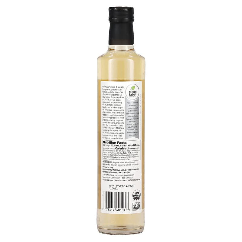 Madhava Natural Sweeteners, Organic White Wine Vinegar, 16.9 fl oz