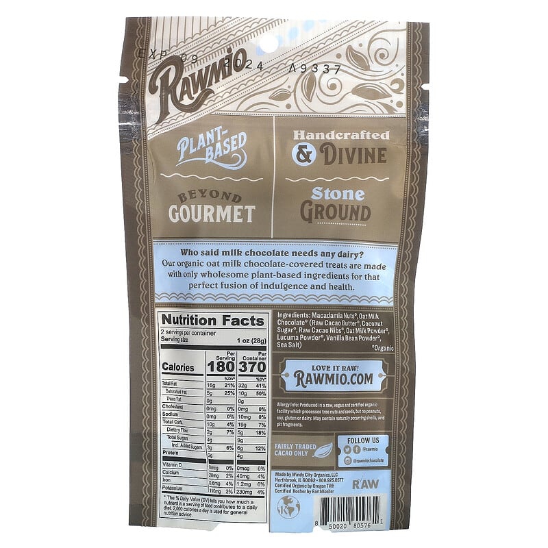 Rawmio, Oat Milk Chocolate Covered Macadamia Nuts, 2 oz (56.7 g)