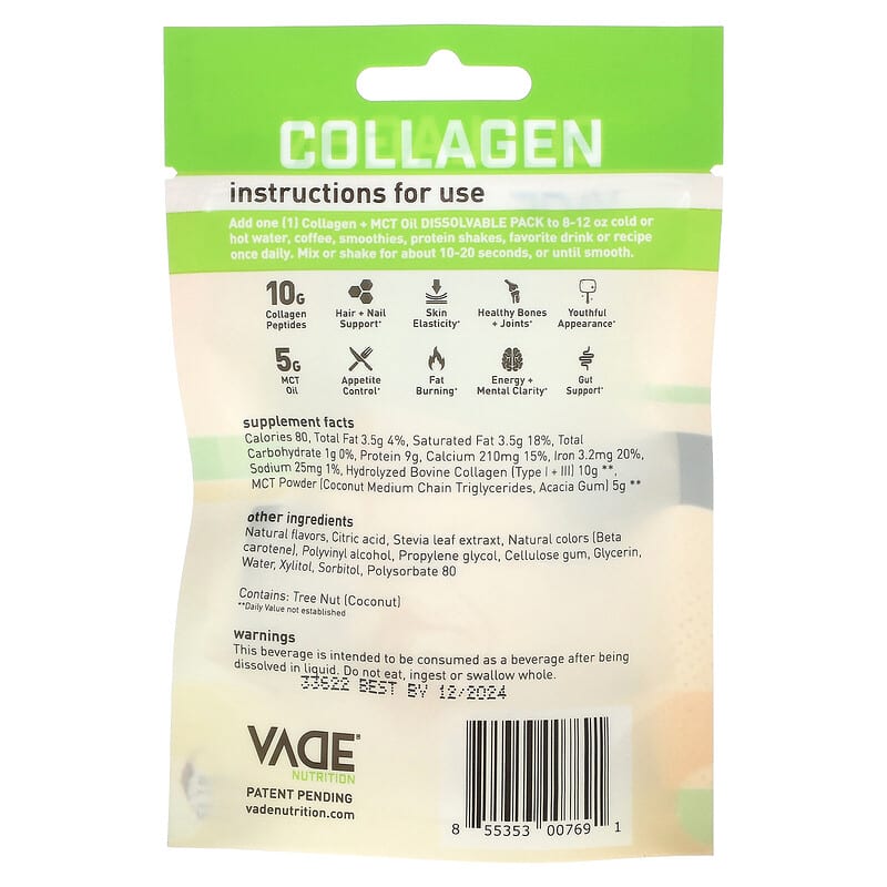 Vade Nutrition, Dissolvable Collagen Packs, +MCT Oil, Pina Colada, 0.59 oz (16.7 g)