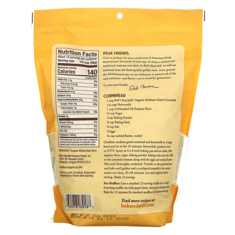 Bob's Red Mill, Organic Medium Grind Cornmeal, Whole Grain, 24 oz (680 g)