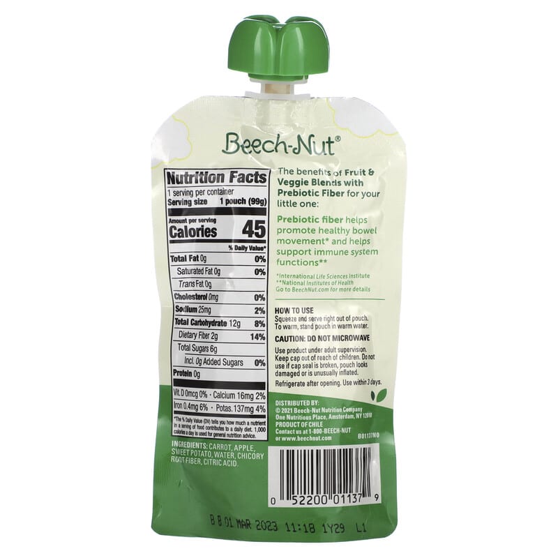 Beech-Nut, Fruit & Veggie Blends with Prebiotic Fiber, 12+ Months, Carrot, Apple & Sweet Potato, 3.5 oz (99 g)