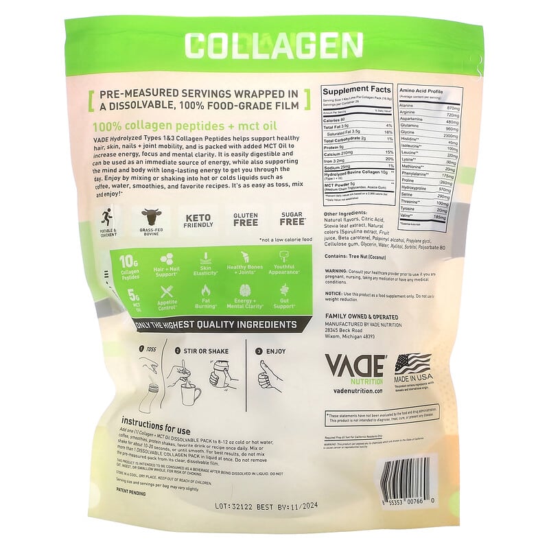 Vade Nutrition, Dissolvable Collagen Packs, Collagen + MCT Oil, Key Lime Pie, 1.04 lb (470 g)