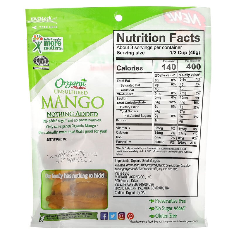 Mariani Dried Fruit, Organic Unsulfured Mango, 4 oz (113 g)