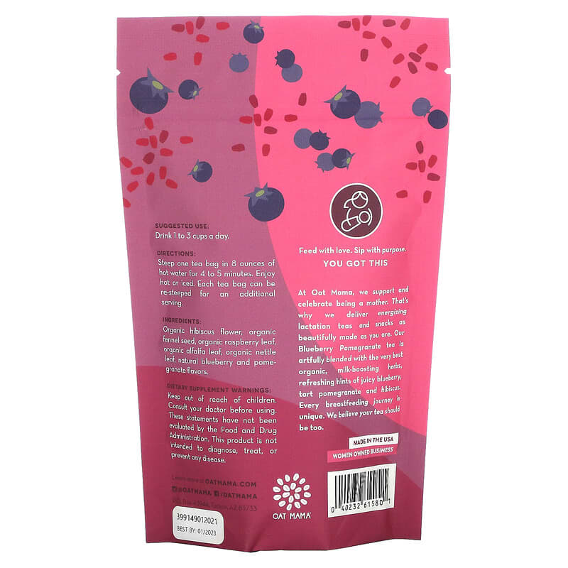 Oat Mama, Lactation Tea, Blueberry Pomegranate, Caffeine Free, 14 Tea Bags, 32 g