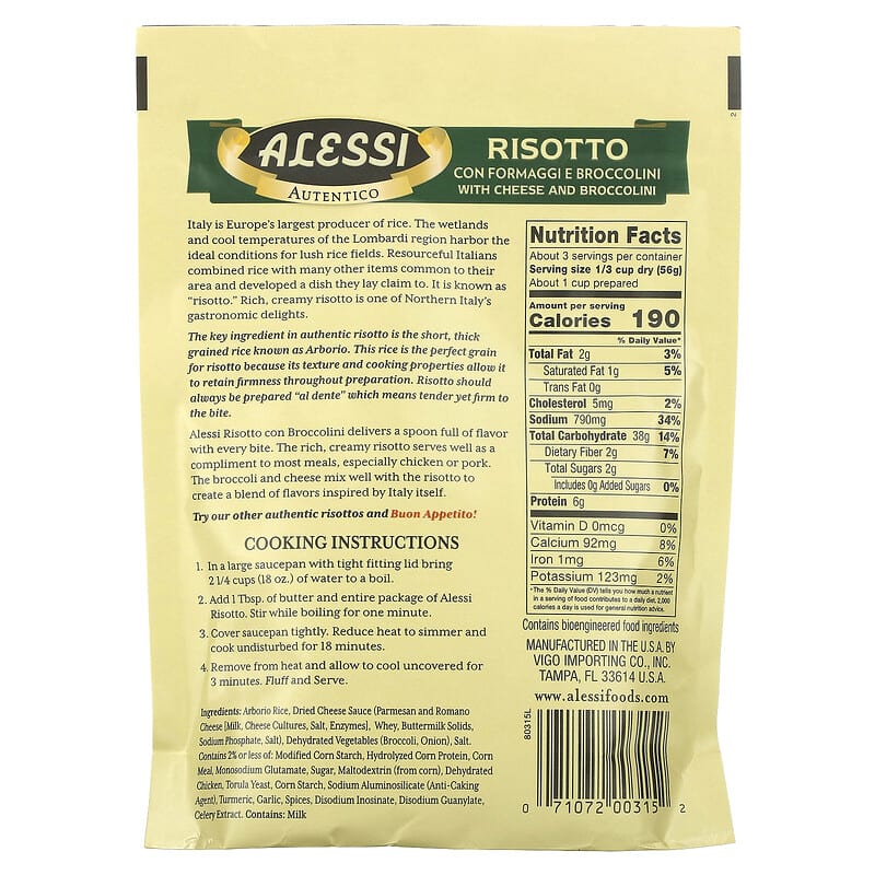 Alessi, Premium Risotto with Cheese and Broccolini and Italian Arborio Rice, 6.5 oz (184 g)