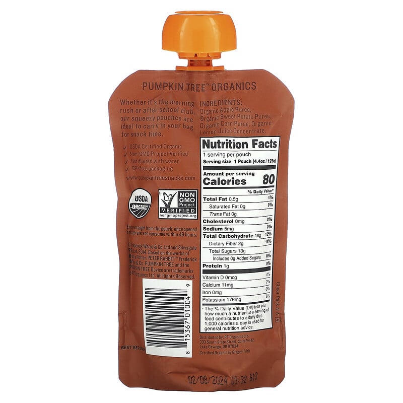 Pumpkin Tree Organics, Peter Rabbit Organics, Organic Fruit & Vegetable Puree, Apple, Sweet Potato & Corn, 4.4 oz (125 g)