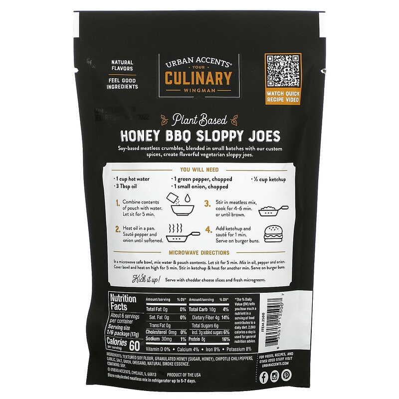 Urban Accents, Plant Based Sloppy Joe, Ground Veggie Meatless Mix, Classic Honey BBQ, 3.5 oz (99 g)