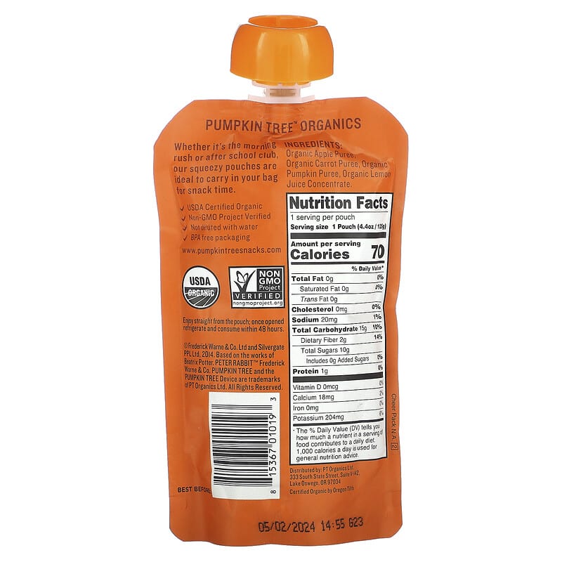 Pumpkin Tree Organics, Peter Rabbit Organics, Organic Fruit & Vegetable Puree, Apple, Carrot & Pumpkin, 4.4 oz (125 g)