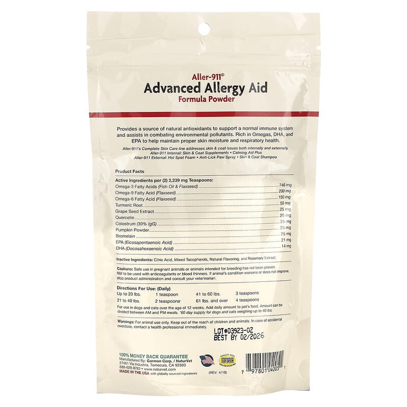 NaturVet, Aller-911, Advanced Allergy Aid Plus Antioxidants, Formula Powder, 9 oz (255 g)