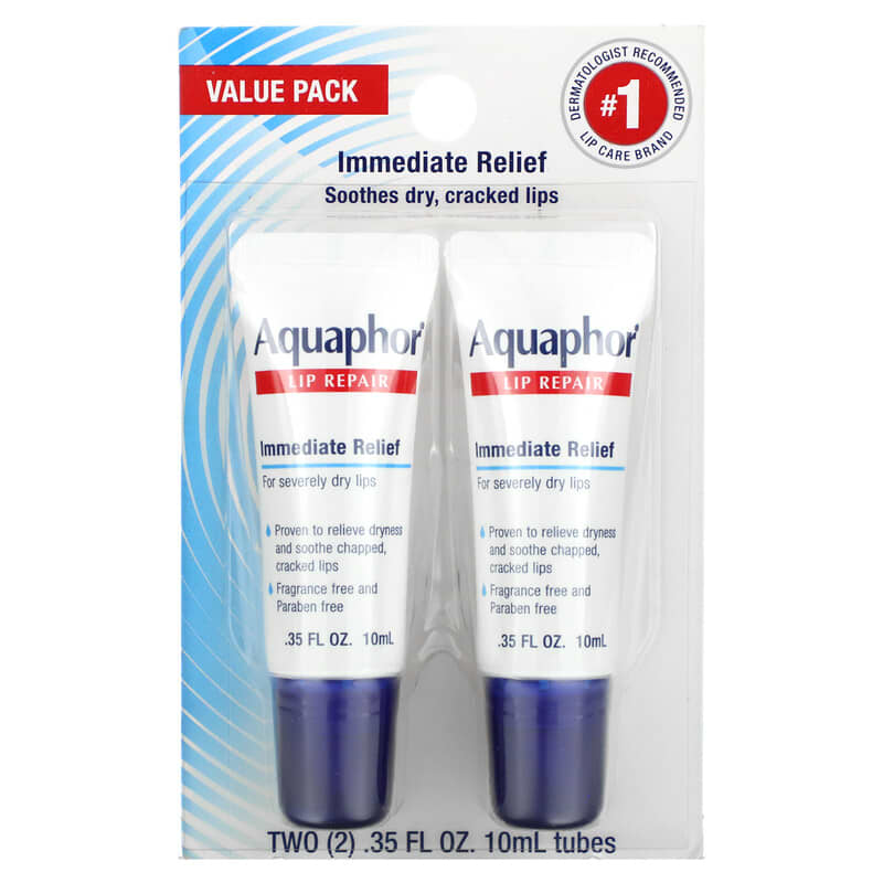 Aquaphor, Lip Repair, Immediate Relief, Fragrance Free, 2 Tubes, 0.35 fl oz (10 ml) Each