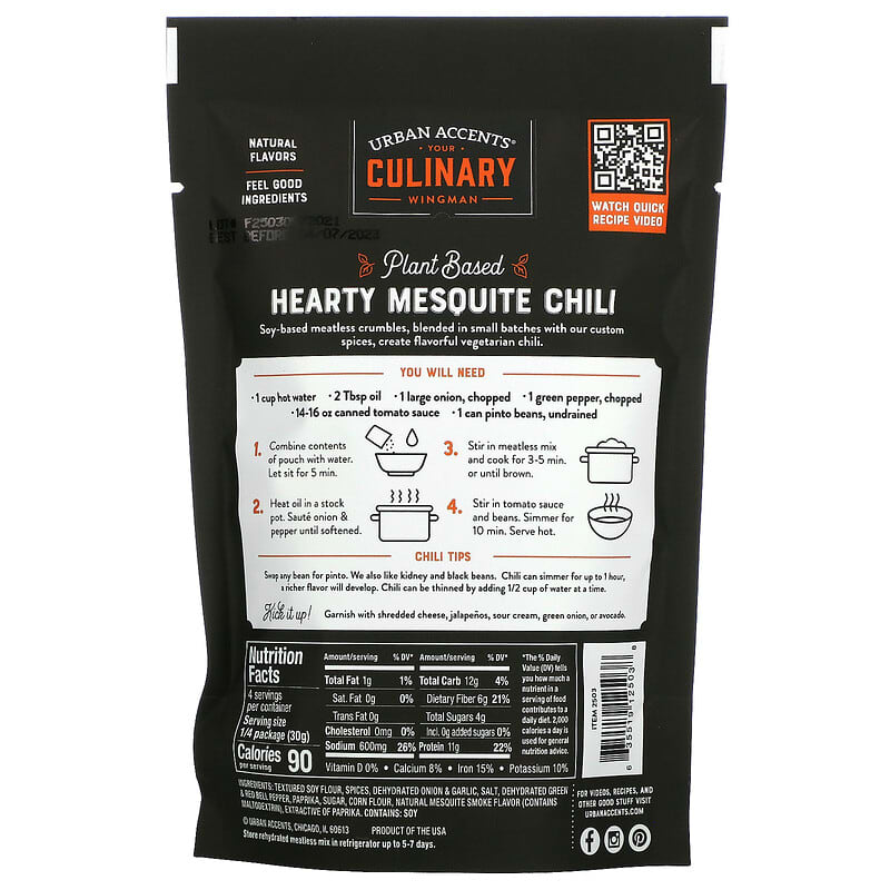 Urban Accents, Plant Based Hearty Chili, Classic Mesquite, 4.2 oz (119 g)