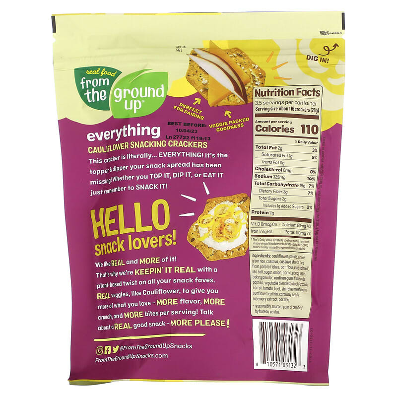 From The Ground Up, Cauliflower Snacking Crackers, Everything, 3.5 oz (100 g)