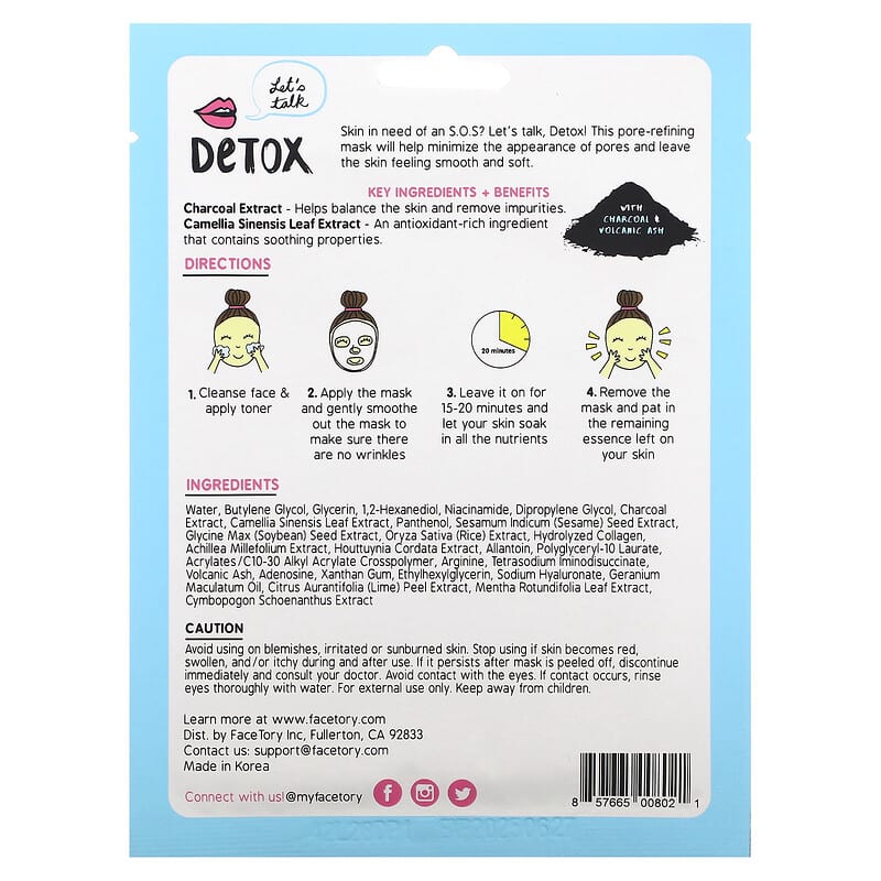 FaceTory, Detox, Pore-Refining Beauty Mask, 1 Sheet, 0.85 fl oz (25 g)