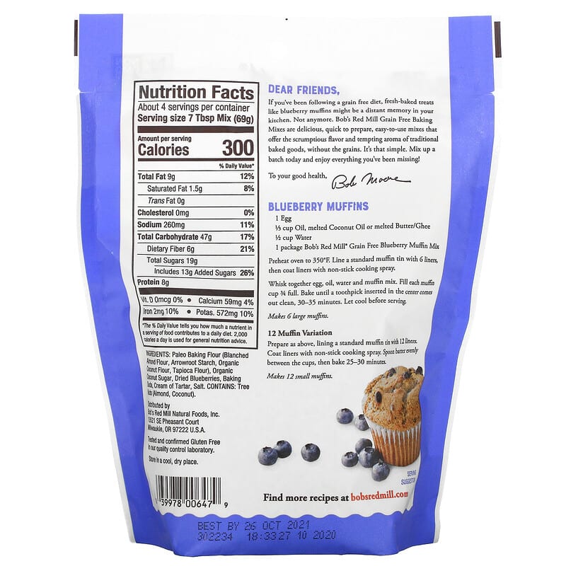 Bob's Red Mill, Grain Free Blueberry Muffin Mix, Made With Almond Flour, 9 oz (255 g)