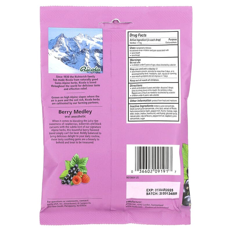 Ricola, Oral Anesthetic, Berry Medley , 19 Wrapped Drops