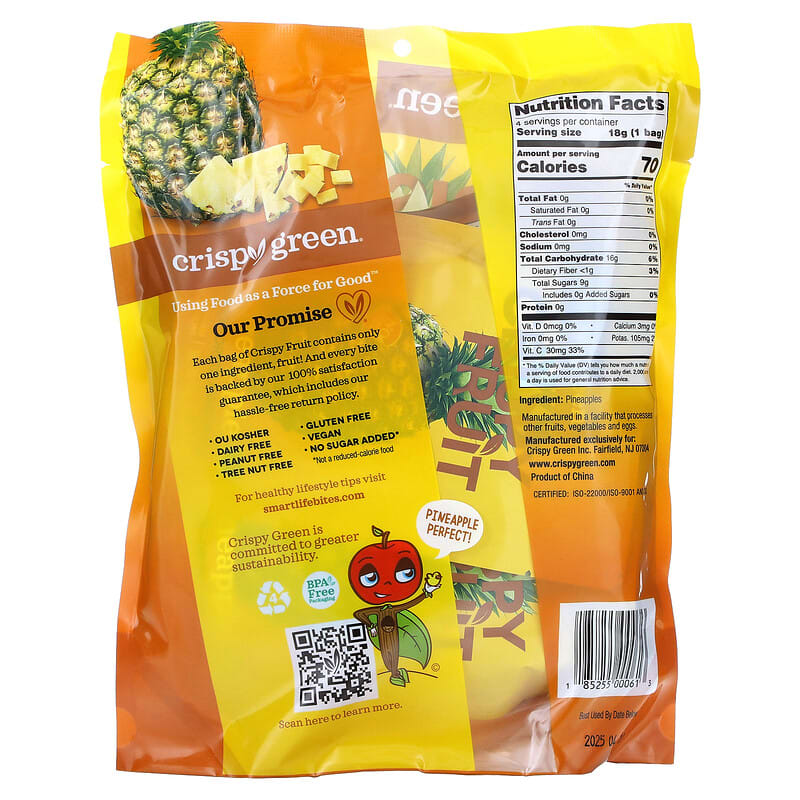 Crispy Green, Crispy Fruit, All Pineapple, 4 Pack, 0.63 oz (18 g) Each