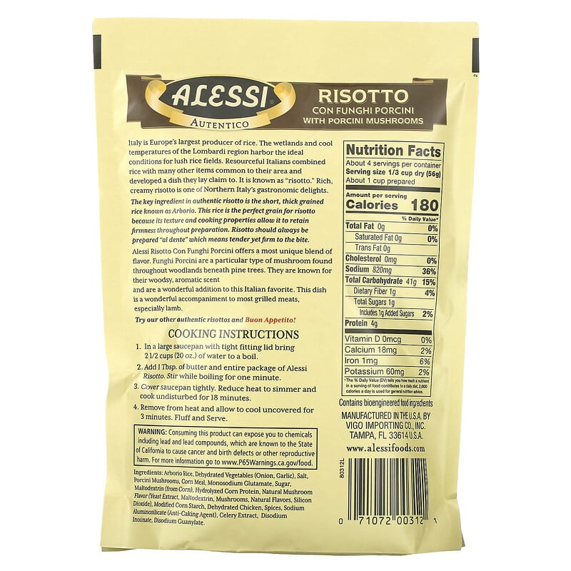 Alessi, Premium Risotto with Porcini Mushrooms and Italian Arborio Rice, 8 oz (227 g)