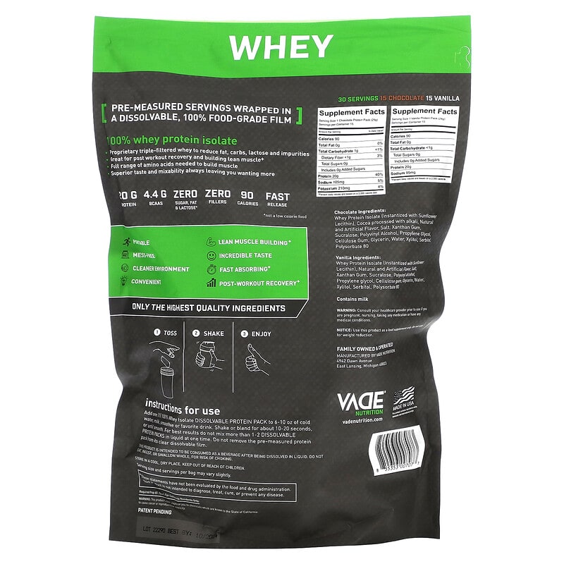 Vade Nutrition, Dissolvable Protein Packs, 100% Whey Isolate, Chocolate & Vanilla Milkshake, 1.6 lb (735 g)