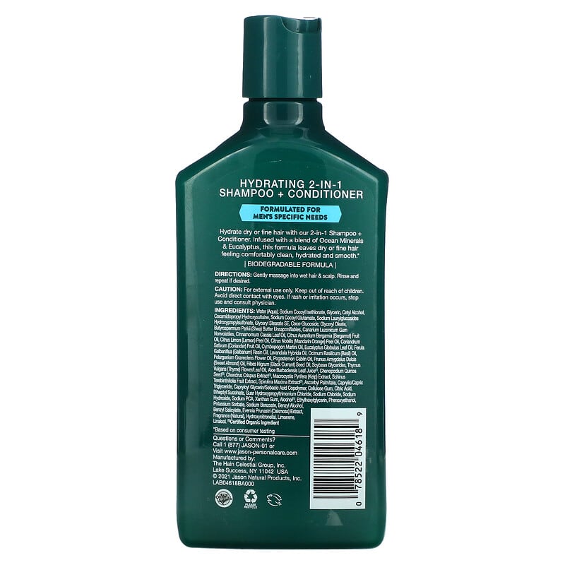 Jason Natural, Men's, 2-IN-1 Shampoo + Conditioner, For Dry or Fine Hair, Ocean Minerals + Eucalyptus, 12 fl oz (355 ml)